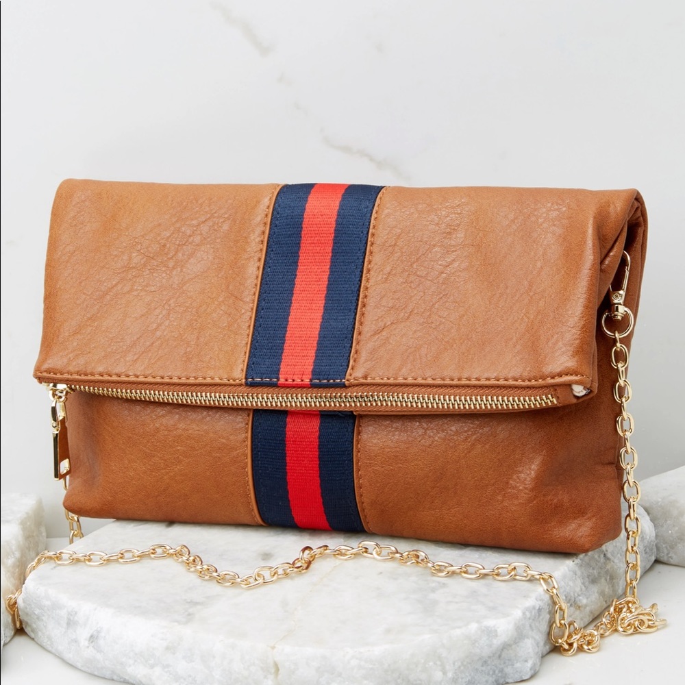 NEW Stripe Faux Leather Foldover Clutch